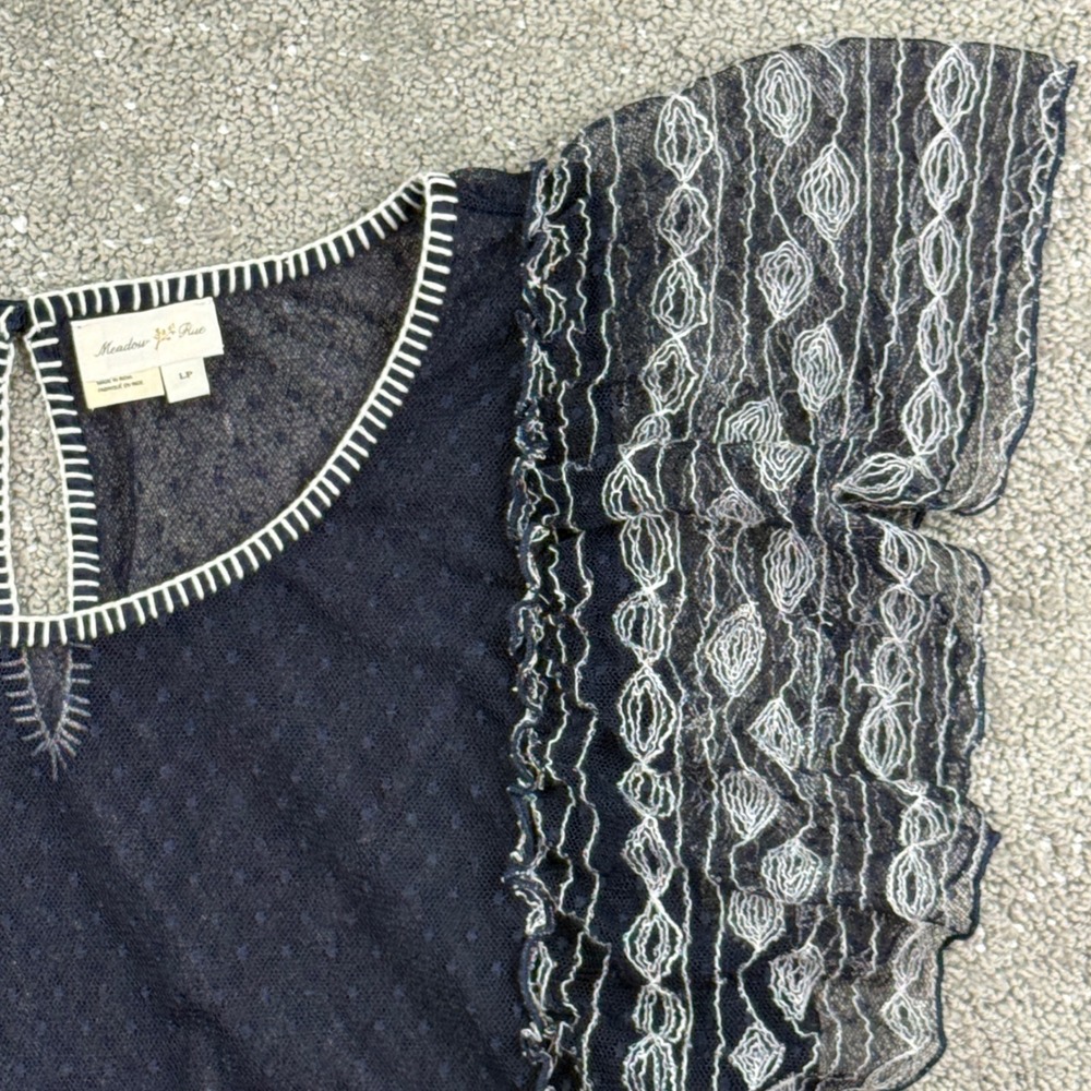 Meadow Rue Blouse Womens LP Navy Blue Embroidered Flutter Sleeve Boho Top